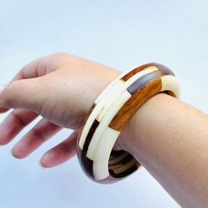 Stunning Bone and Wood Inlay Bangle Made in India Rustic Tribal Natural Mod Tiki